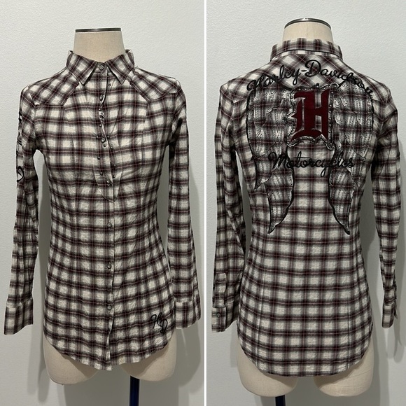 Harley-Davidson Embellished Wing with Raw Edge Applique Plaid Long Sleeve Shirt - Picture 1 of 12